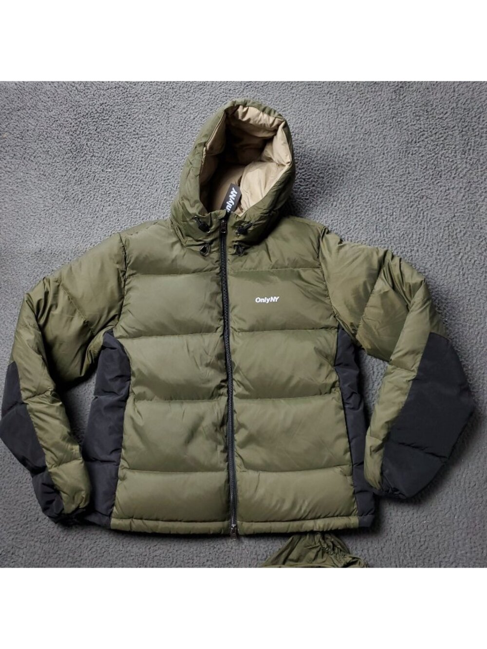 ONLY NY Puffer Down Jacket Mens S Small Packable Snorkel Green Nylon Windbreaker